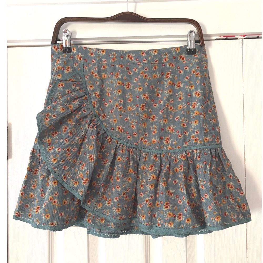Allison New York Floral Corduroy Ruffle Mini Skirt Blue Boho Cottagecore Large
